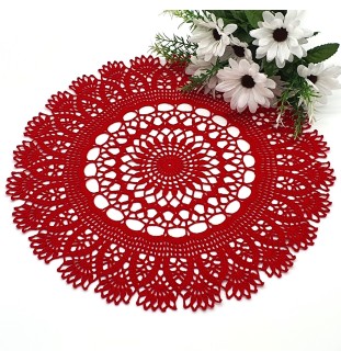 Szydełkowa, czerwona, okrągła serweta 40 cm