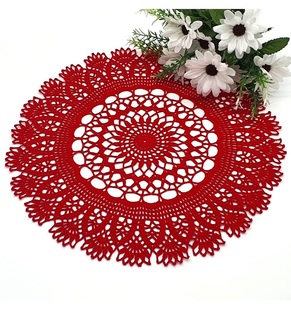 Szydełkowa, czerwona, okrągła serweta 40 cm