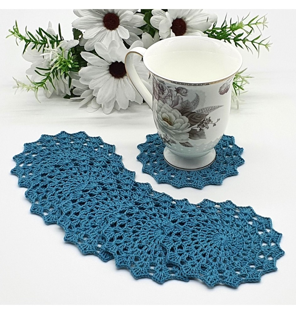 Szydełkowe, turkusowe podkładki pod kubek
